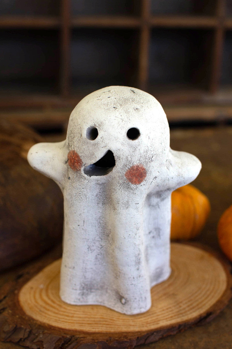 SET OF TWO TABLETOP CLAY GHOST LANTERNS