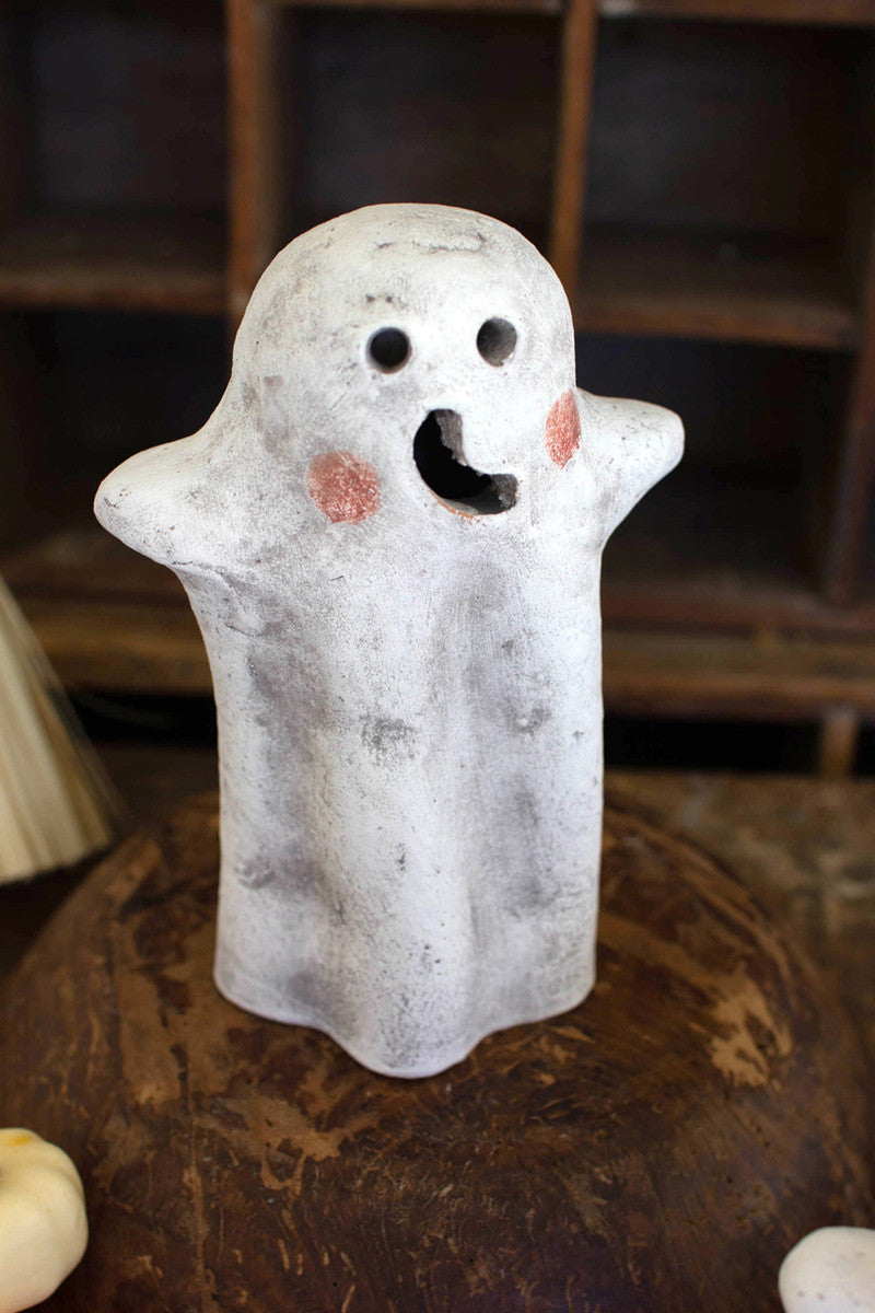 SET OF TWO TABLETOP CLAY GHOST LANTERNS