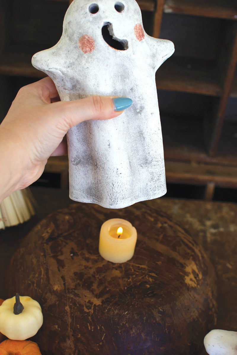 SET OF TWO TABLETOP CLAY GHOST LANTERNS