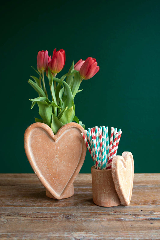 SET OF TWO WHITE-WASH CLAY HEART VASES