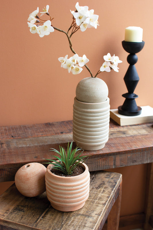 Set of 2 Ribbed Clay Vases with Bud Vase Spheres