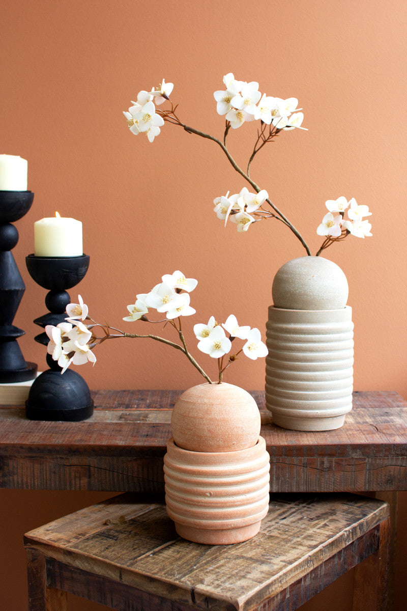 Set of 2 Ribbed Clay Vases with Bud Vase Spheres