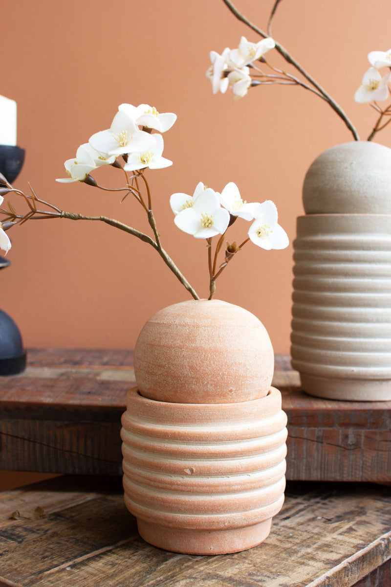 Set of 2 Ribbed Clay Vases with Bud Vase Spheres