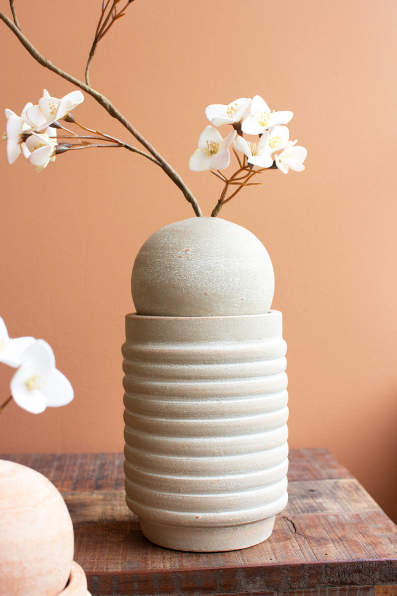 Set of 2 Ribbed Clay Vases with Bud Vase Spheres