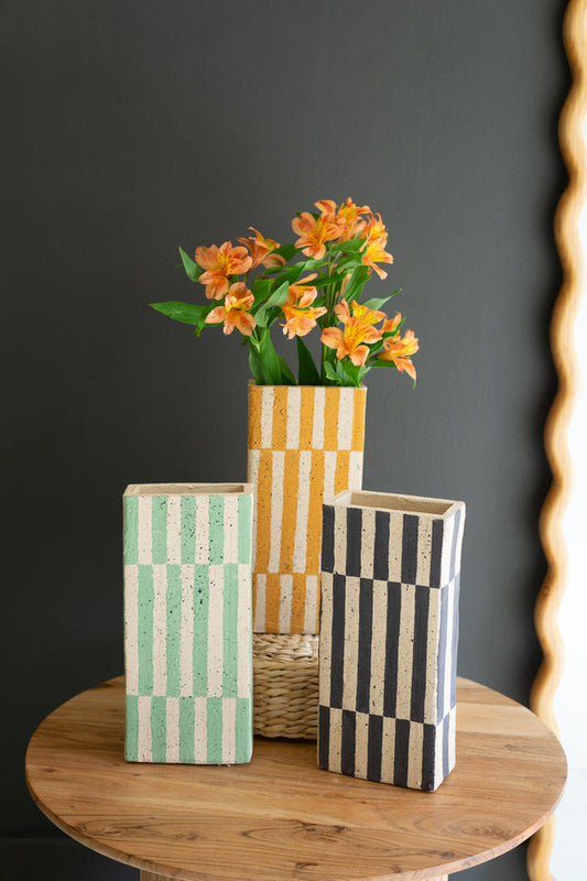 Set of 3 Rectangle Striped Clay Vases