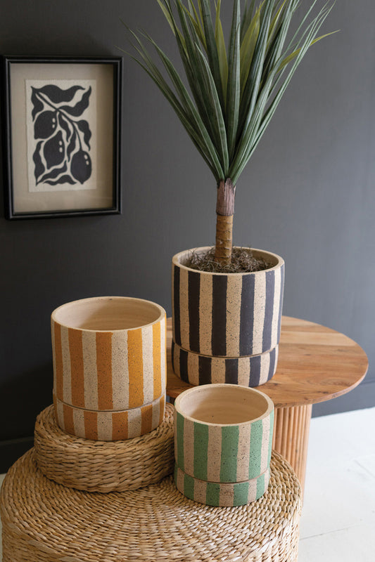 Set of 3 Striped Clay Planters with Trays