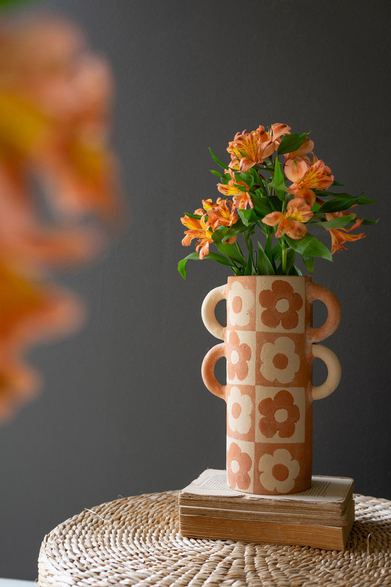 Graphic Flower Clay Cylinder Vase