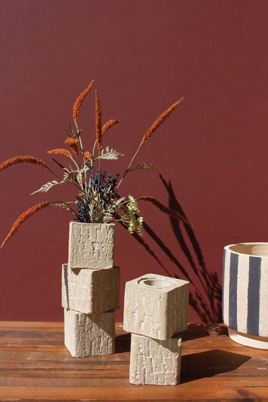 Set of 2 Textured Clay Cubed Vases