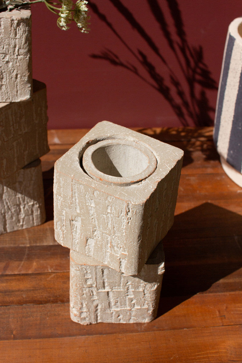 Set of 2 Textured Clay Cubed Vases