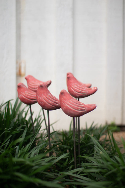 Set of 6 Clay Red Bird Plant Stakes