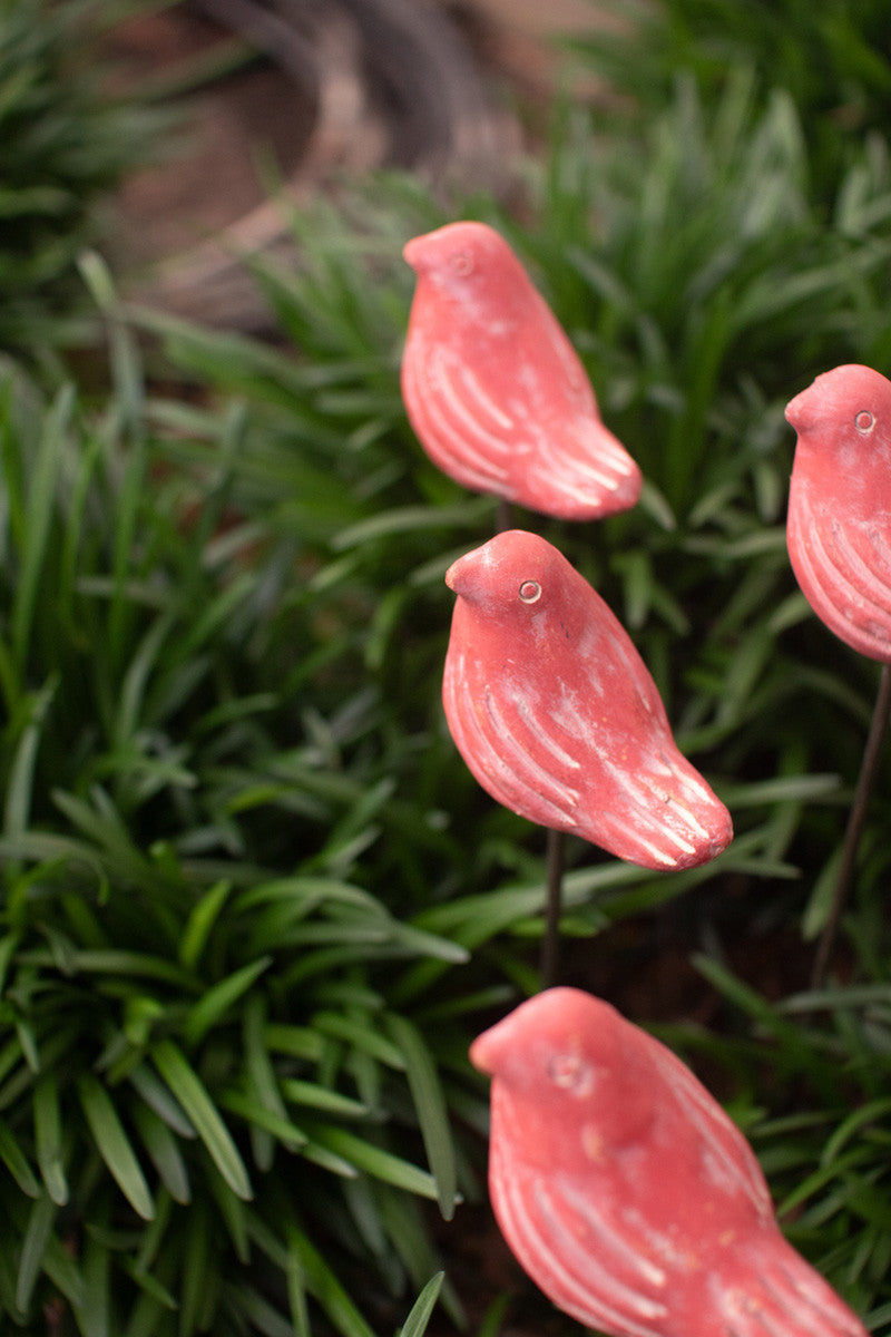 Set of 6 Clay Red Bird Plant Stakes