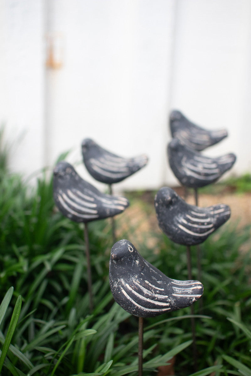 Set of 6 Clay Black Bird Plant Stakes