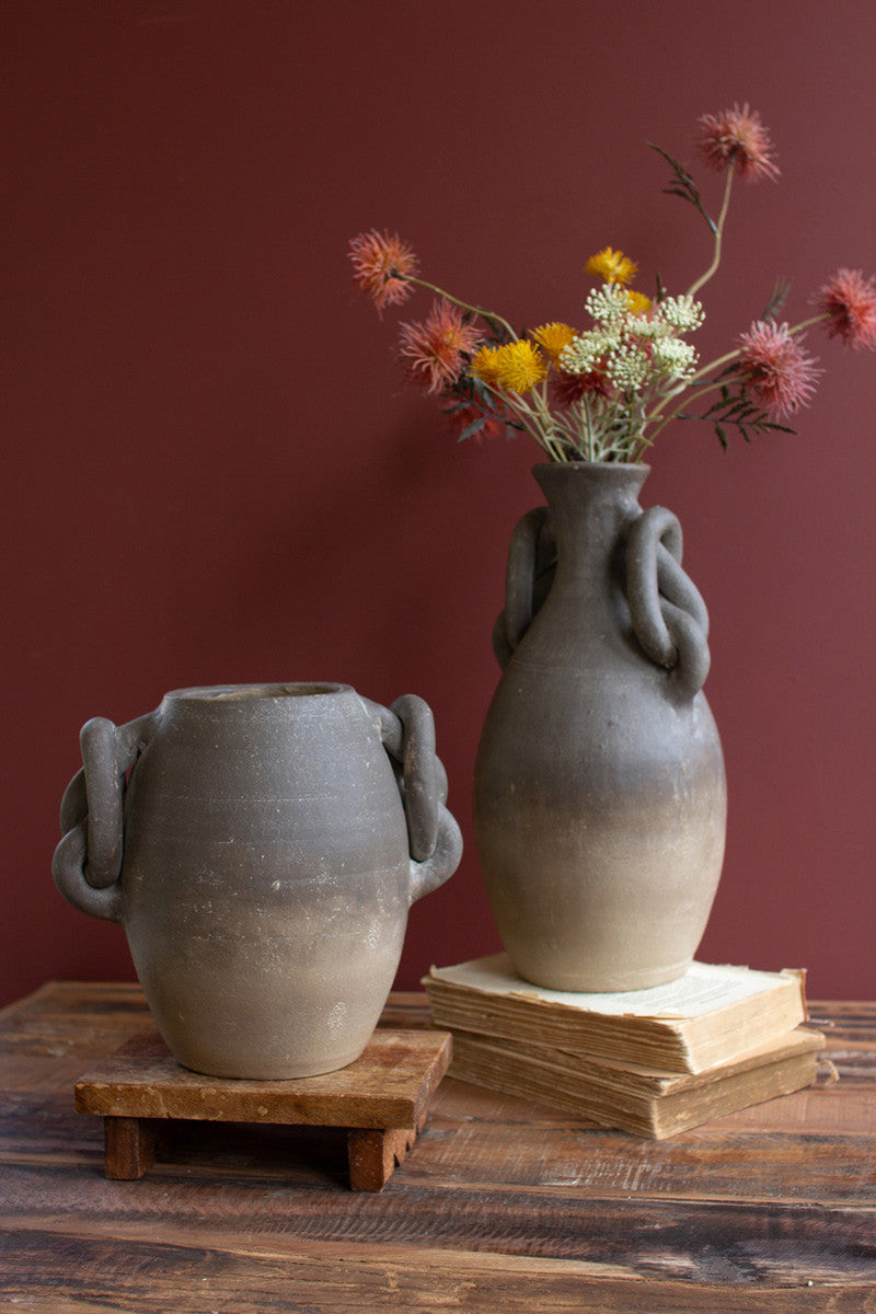 Set of 2 Knotted Handle Clay Ombre Vessels