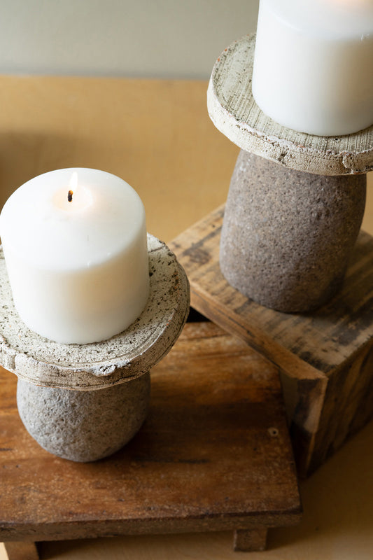 Set of 2 Clay and River Rock Pillar Candle Holders