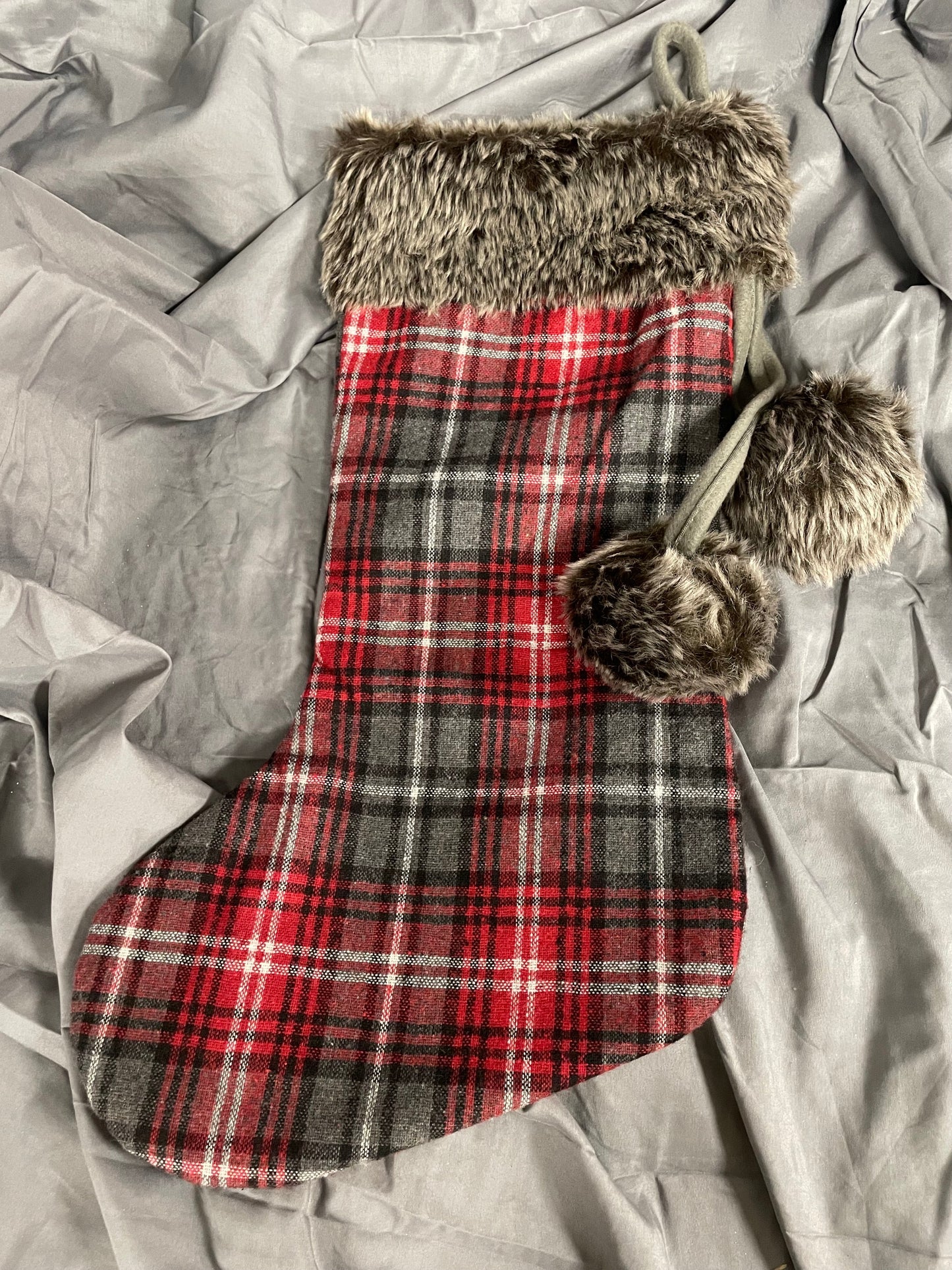 20" Red/Gray Plaid Stocking with Fur Cuff