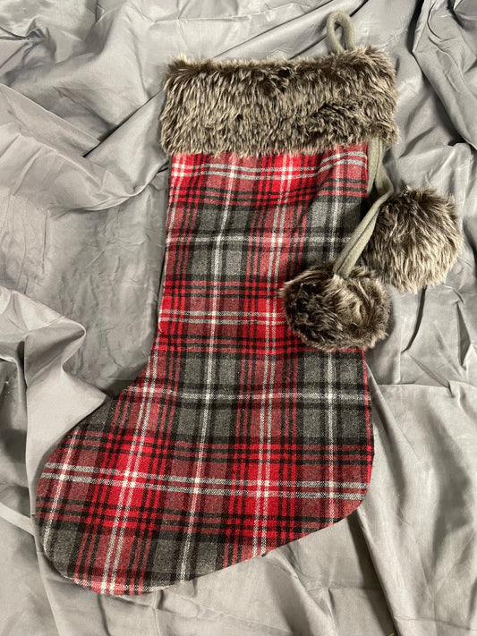 20" Red/Gray Plaid Stocking with Fur Cuff
