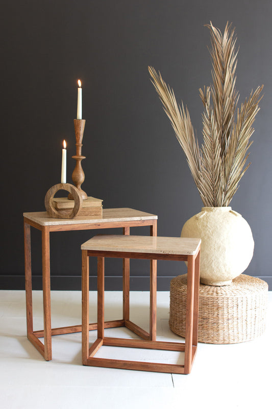 SET OF 2 NESTING TRAVERTINE SIDE TABLES W ACACIA WOOD BASES