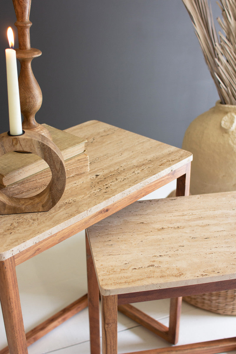SET OF 2 NESTING TRAVERTINE SIDE TABLES W ACACIA WOOD BASES