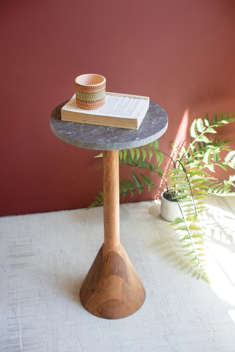 Acacia Wood Cocktail Table with Titanium Travertine Top