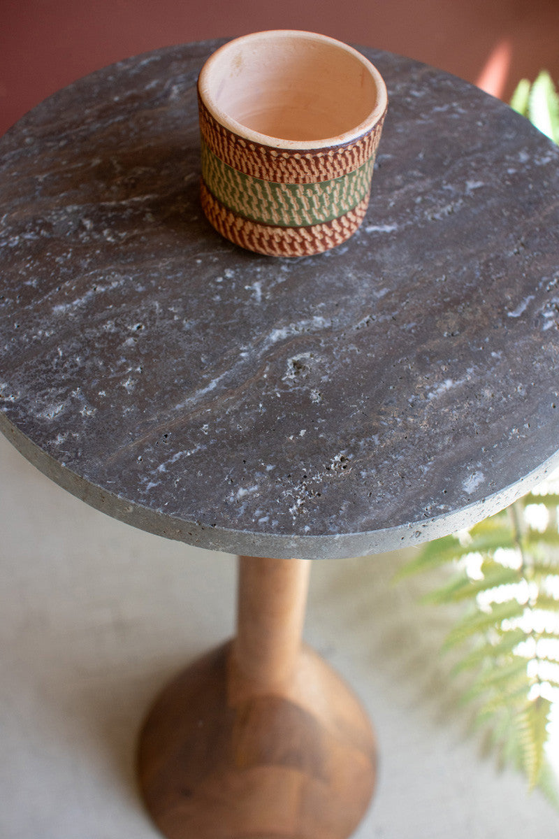 Acacia Wood Cocktail Table with Titanium Travertine Top