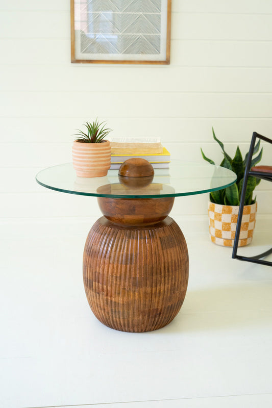 CARVED ROUND MANGO TABLE BASE WITH GLASS TOP