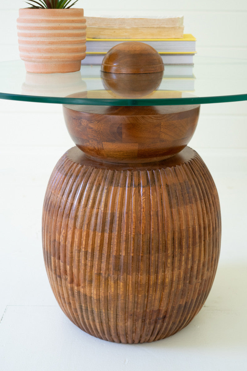 CARVED ROUND MANGO TABLE BASE WITH GLASS TOP