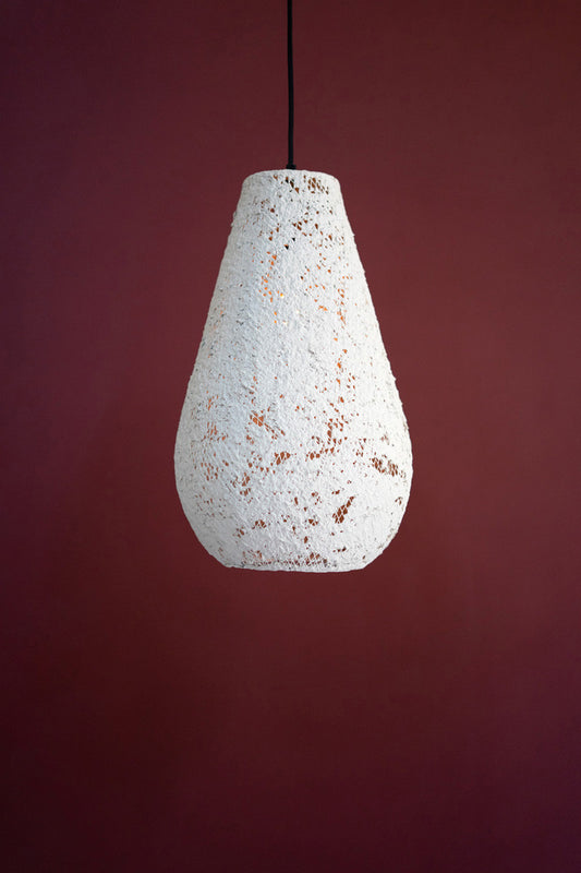 Small White Paper Mache and Metal Hanging Tear Drop Pendant Light