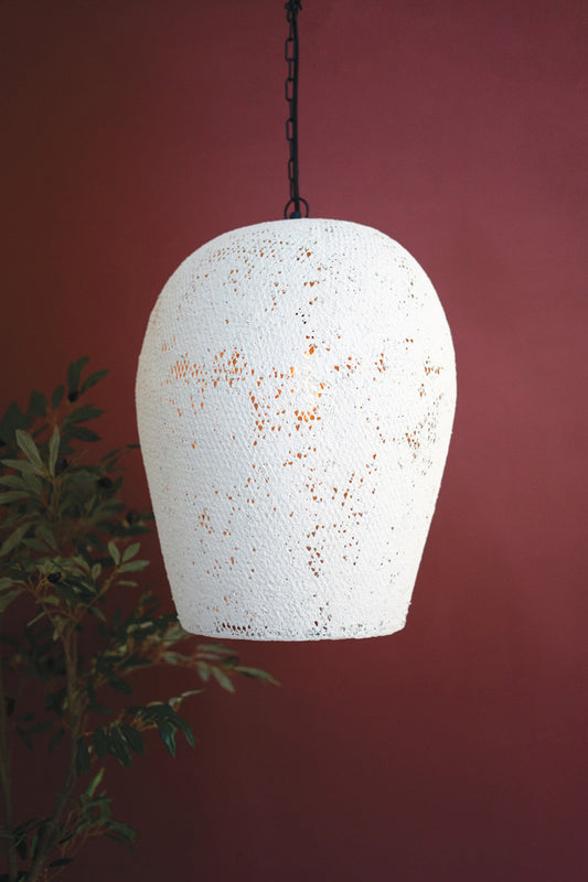 Large White Paper Mache and Metal Hanging Bell Pendant Light