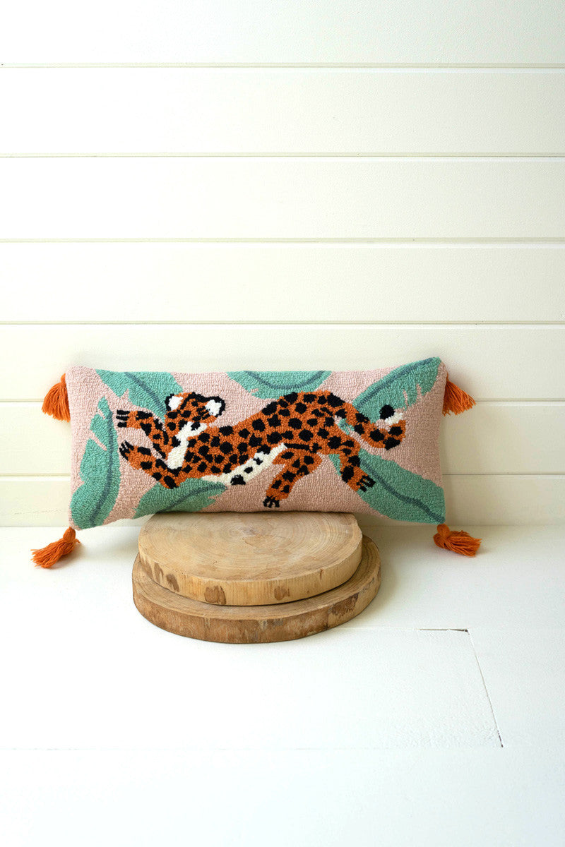 CHEETAH WITH TASSELS HAND HOOKED PILLOW