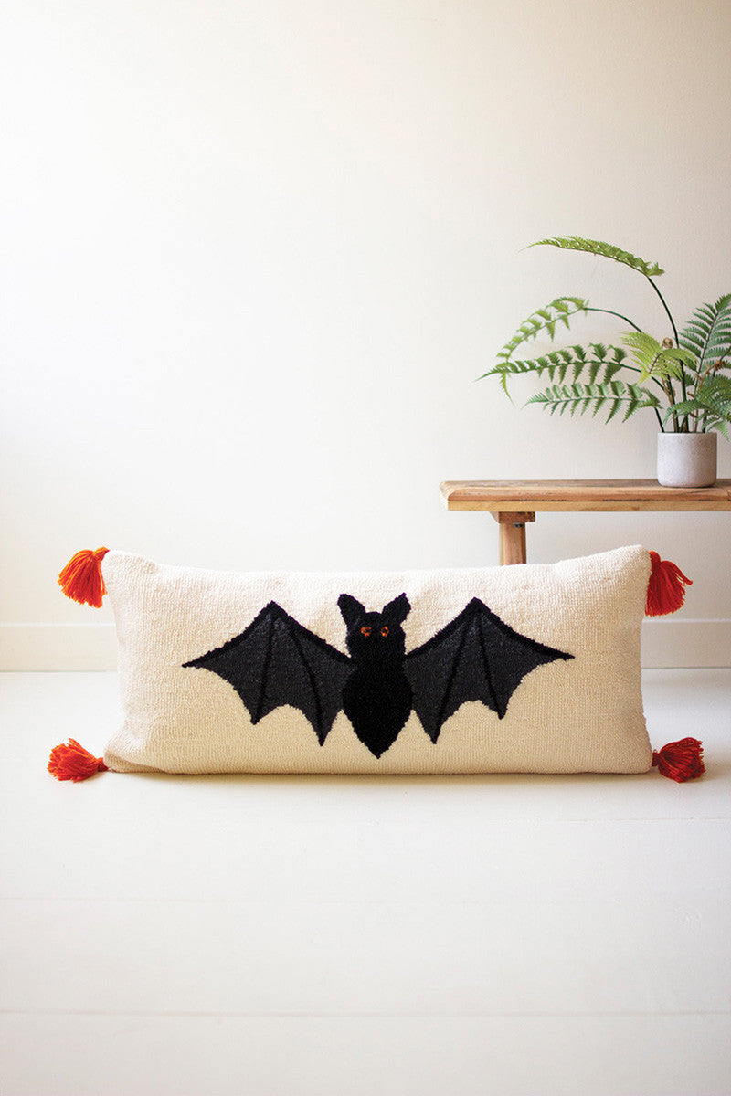 Halloween Bat Hand Hooked Pillow