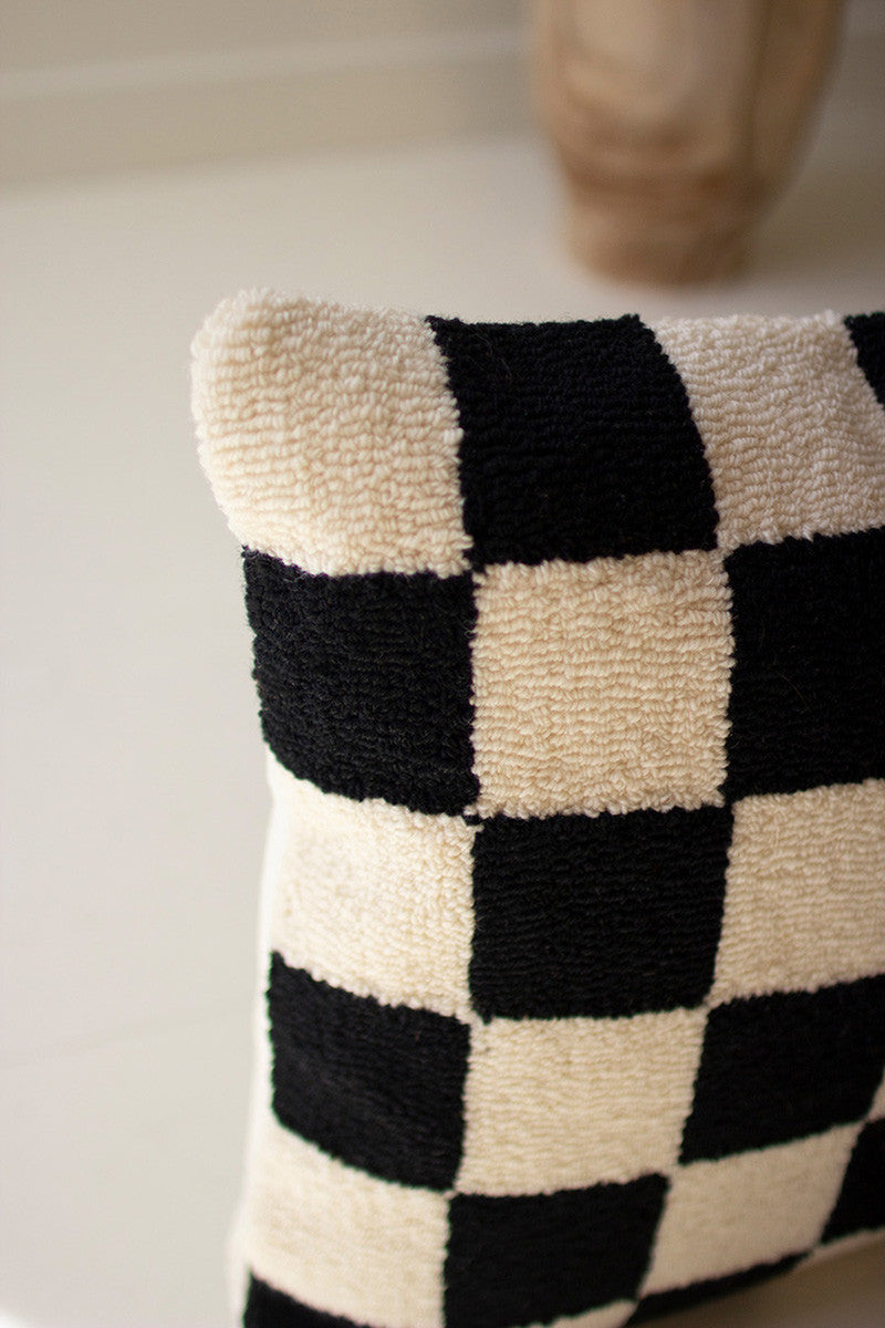 Checkered Black and White Hand-Hooked Pillow