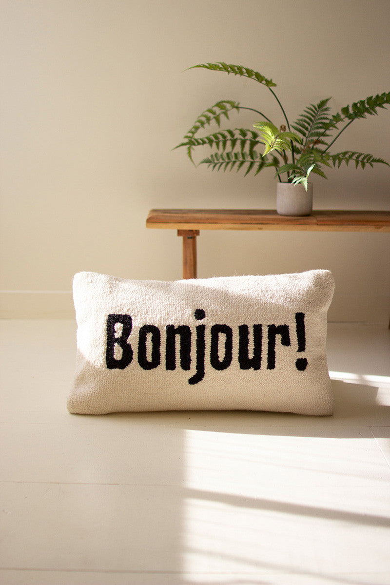 Bonjour! Hand-Hooked Pillow