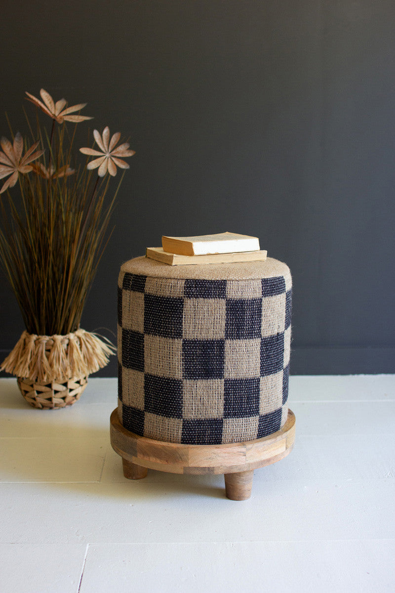 Checkered Jute Footstool with Wooden Base