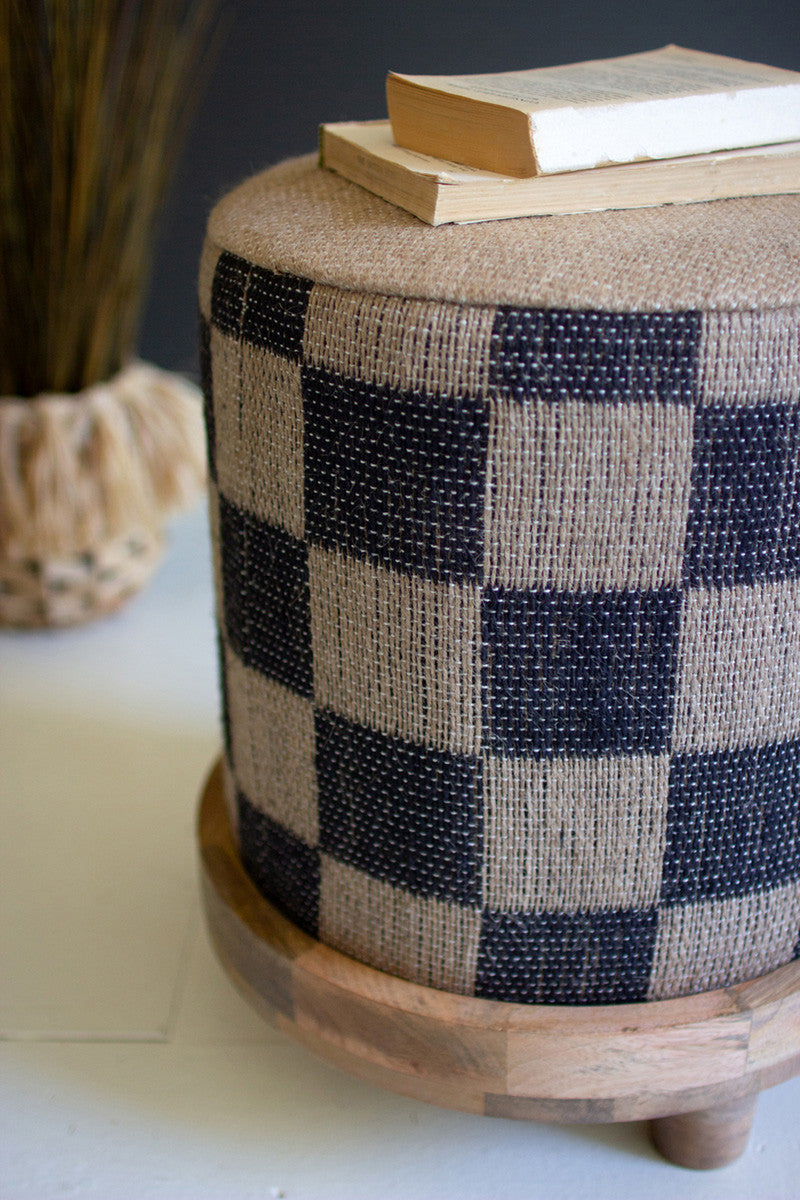 Checkered Jute Footstool with Wooden Base