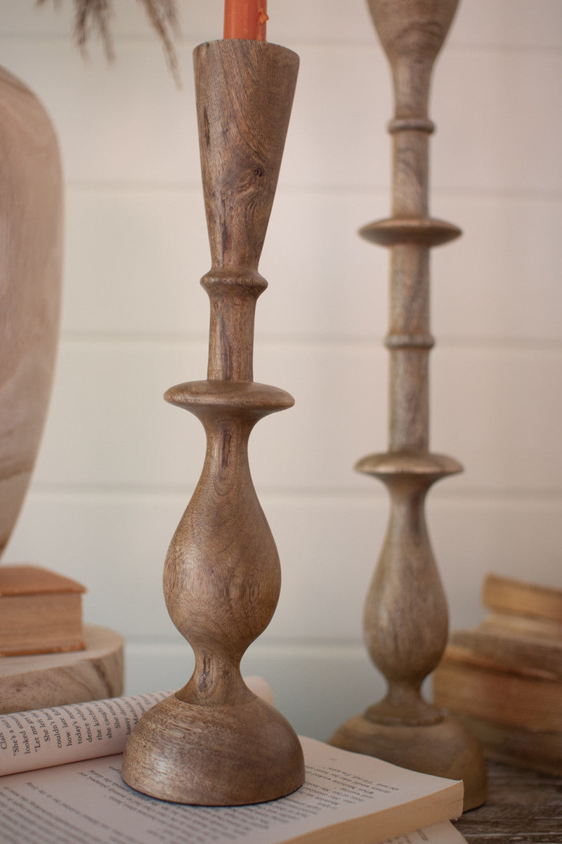 SET OF TWO MANGO WOOD CANDLE STANDS