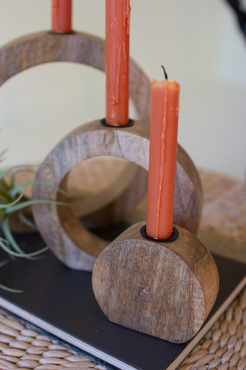 SET OF THREE CIRCLE MANGO WOOD TAPER CANDLE STANDS