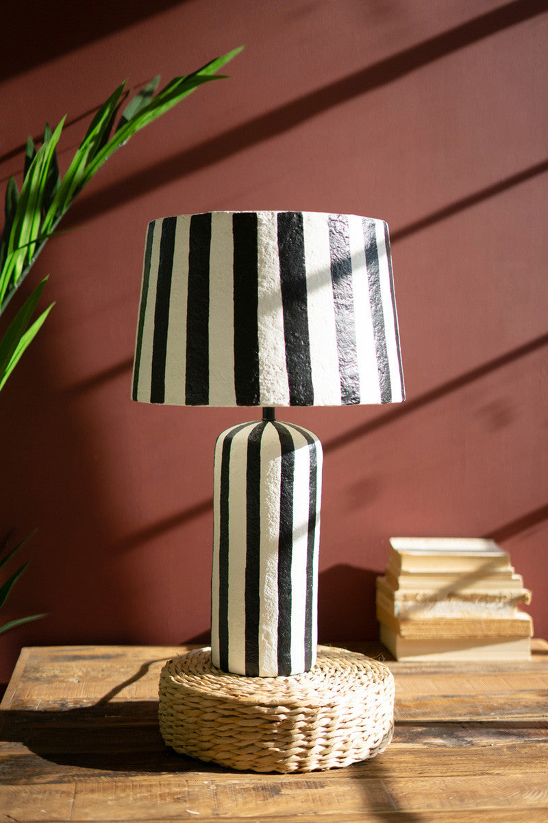 Striped Black and White Paper Mache Table Lamp