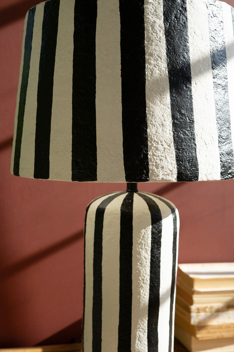 Striped Black and White Paper Mache Table Lamp