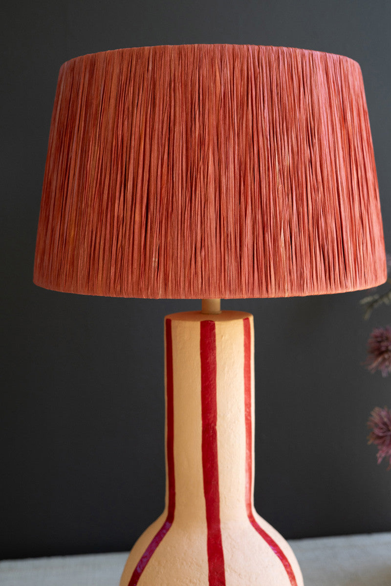 Red and White Paper Mache Table Lamp with Red Raffia Shade