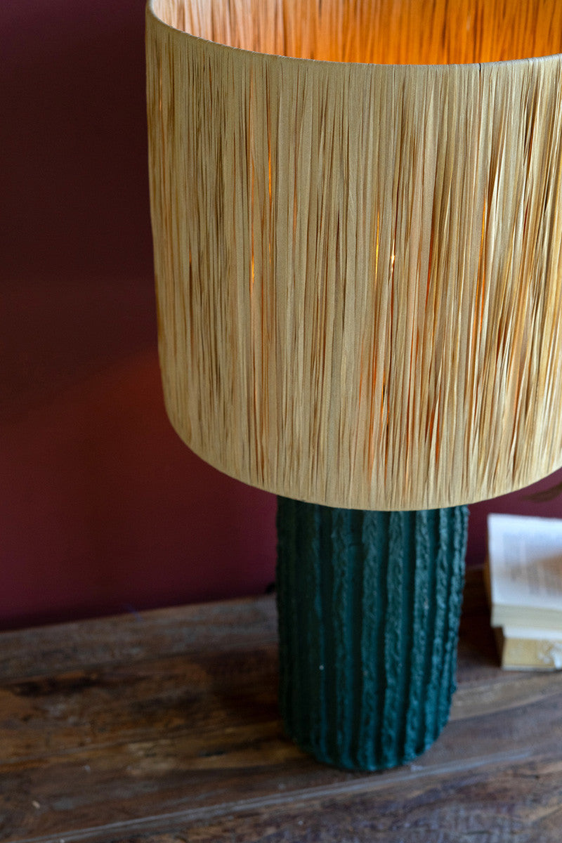 Grey Paper Mache Lamp Base with Natural Raffia Shade