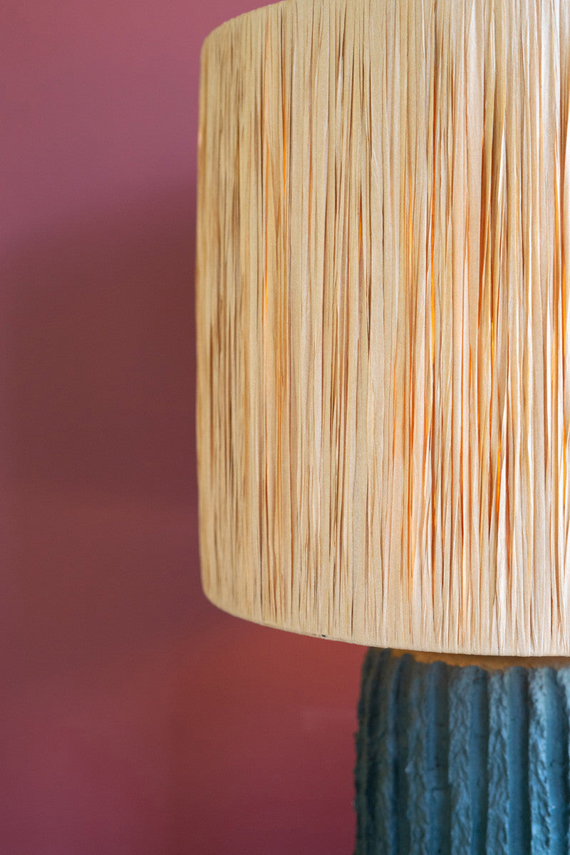 Grey Paper Mache Lamp Base with Natural Raffia Shade