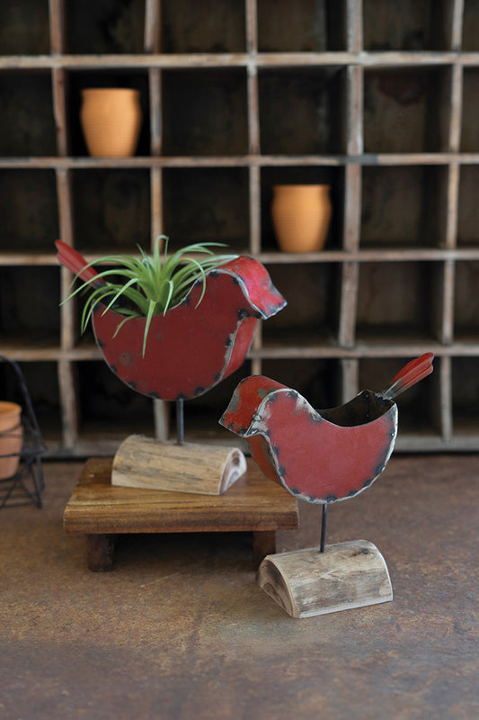 Set of 2 Red Metal Bird Planters