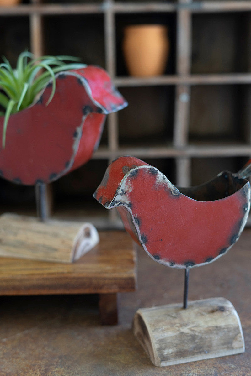 Set of 2 Red Metal Bird Planters