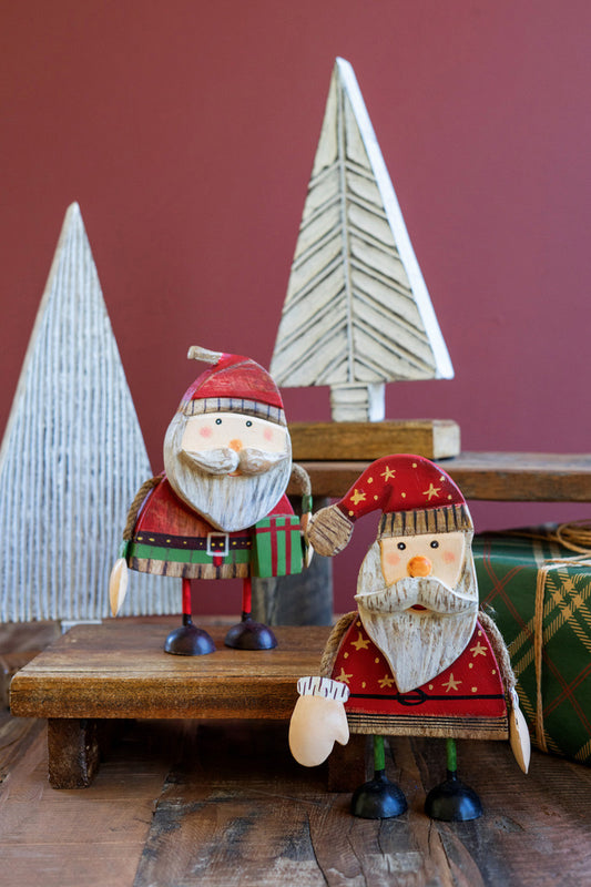 Set of 2 Painted Wood Santas with Rope Arms