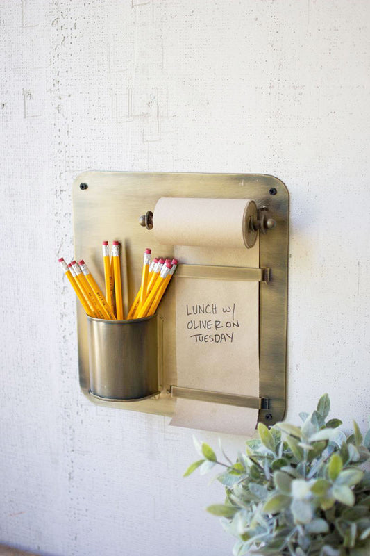 ANTIQUE BRASS HANGING NOTE ROLL AND PENCIL CUP