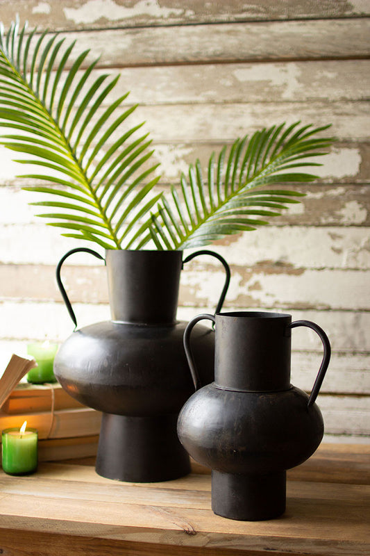 SET OF TWO WAXED BLACK METAL URNS WITH HANDLES