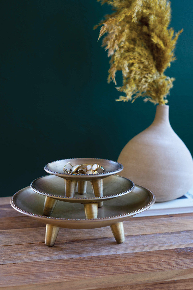 SET OF THREE ROUND METAL COMPOTES - ANTIQUE BRASS FINISH