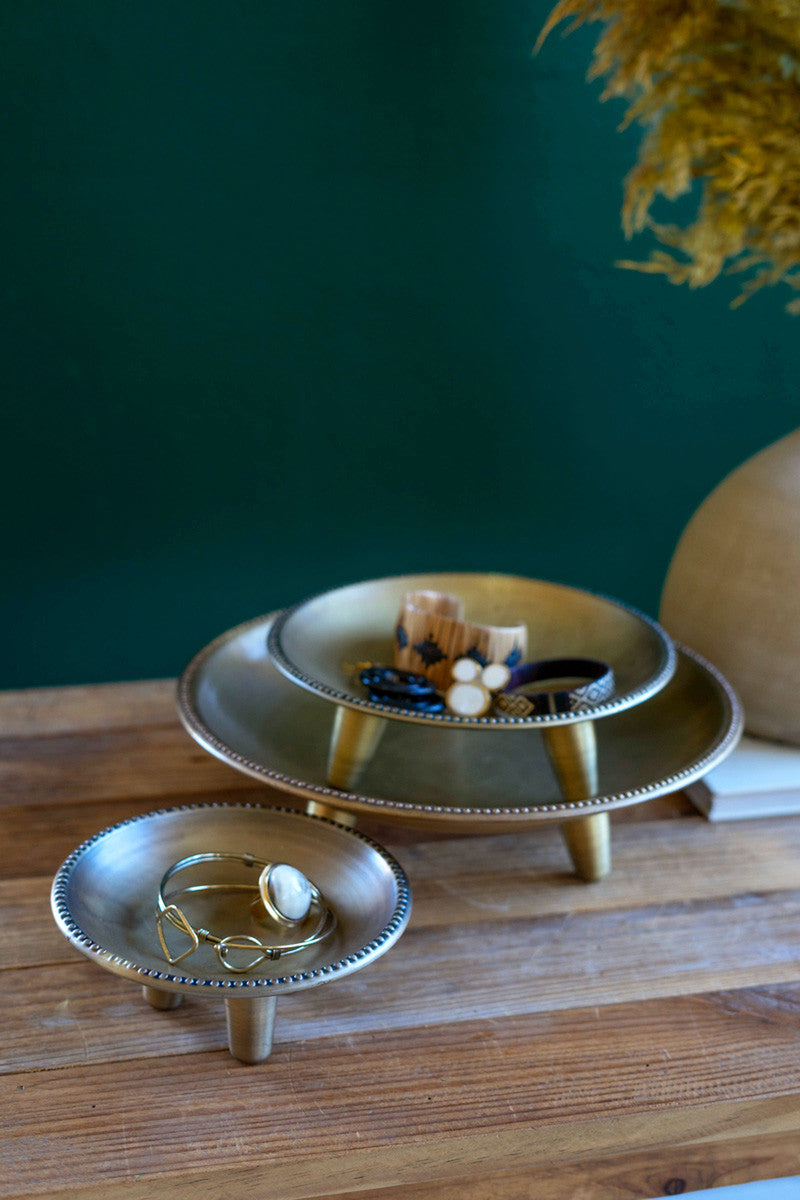 SET OF THREE ROUND METAL COMPOTES - ANTIQUE BRASS FINISH