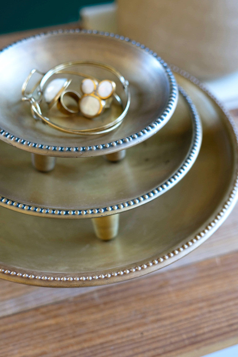 SET OF THREE ROUND METAL COMPOTES - ANTIQUE BRASS FINISH