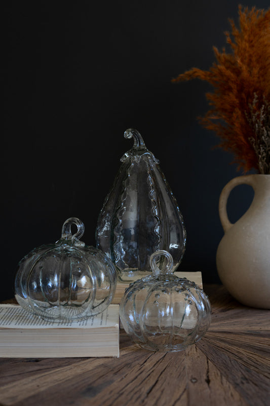 SET OF THREE CLEAR GLASS PUMPKINS